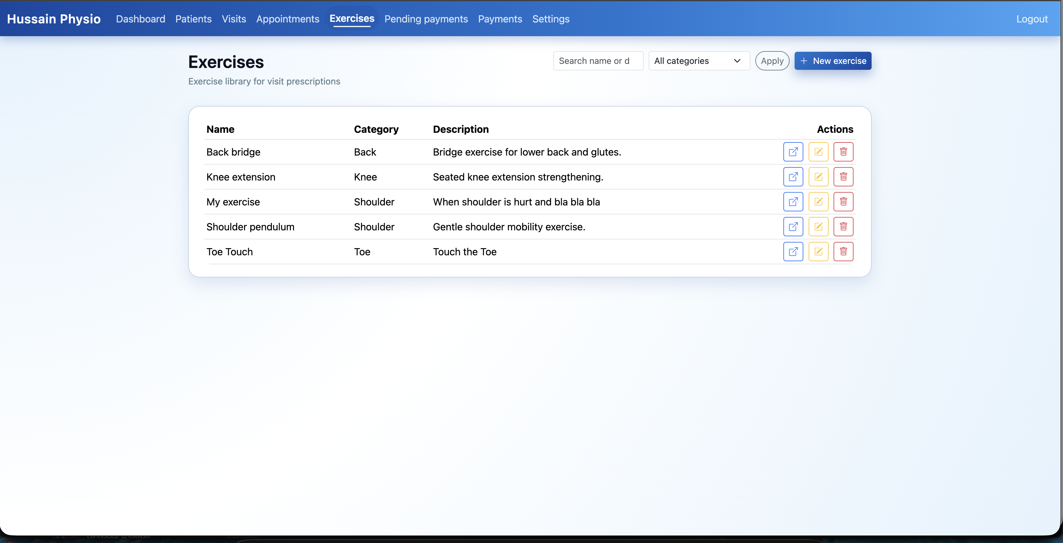 Exercise library for patient prescriptions